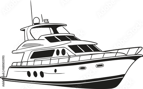 Luxurious yacht with upper deck and realistic water reflection on a white background vector illustration