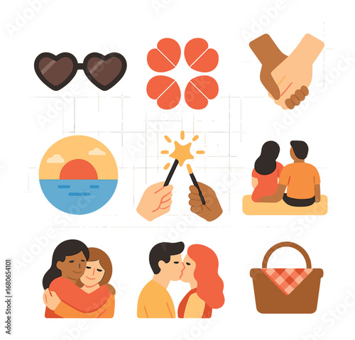 Summer Love Icons. Flat icon set of summer love icons: heart sunglasses, flower petal heart, hand-holding,