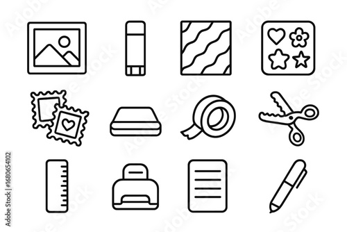 Scrapbooking Tool Icons. Outline icon set of scrapbooking: photo, glue stick, patterned paper, stickers,