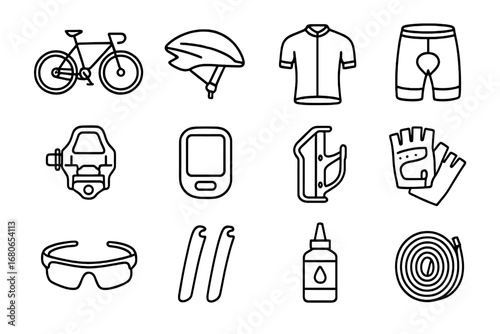 Cycling Gear Icons. Outline icon set of road cycling: road bike, aero helmet, cycling jersey, padded shorts,