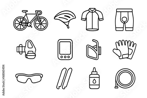 Cycling Gear Icons. Outline icon set of road cycling: road bike, aero helmet, cycling jersey, padded shorts,