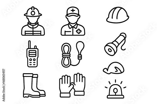 Emergency Icon Set. Outline icon set of emergency response teams: firefighter, paramedic, hard hat, radio,