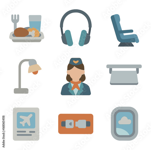 In-Flight Services Icons. Flat icon set of in-flight services: airplane meal, headphones, reclining seat,