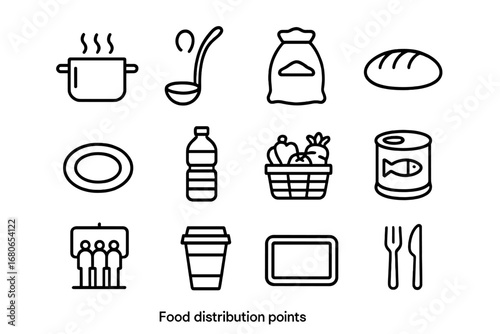 Food Distribution Icons. Outline icon set of food distribution points: soup pot, serving ladle, rice bag,
