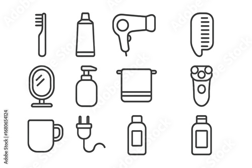 Morning Routine Icons. Outline icon set of morning routine in bathroom: toothbrush, toothpaste, portable hair