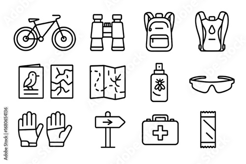 Cycling Essentials Icons. Outline icon set of cycling in nature: mountain bike, binoculars, backpack,