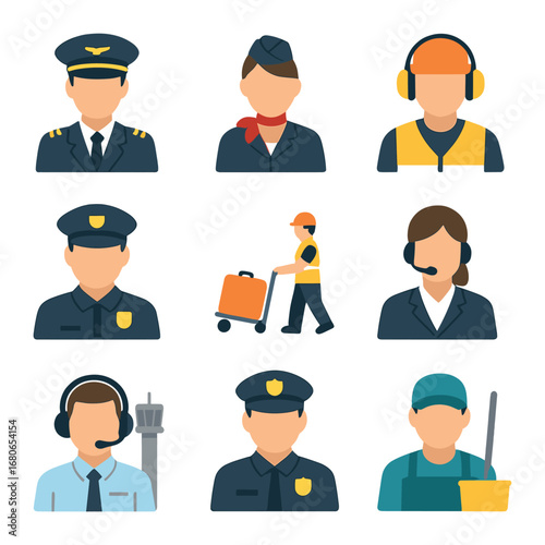 Airport Staff Icons. Flat icon set of airport staff roles: pilot, flight attendant, ground crew, customs
