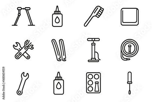 Cycling Maintenance Icons. Outline icon set of cycling maintenance: bike stand, chain oil, brush, cleaning