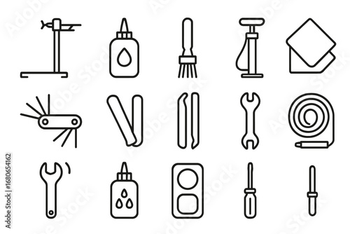 Cycling Maintenance Icons. Outline icon set of cycling maintenance: bike stand, chain oil, brush, cleaning
