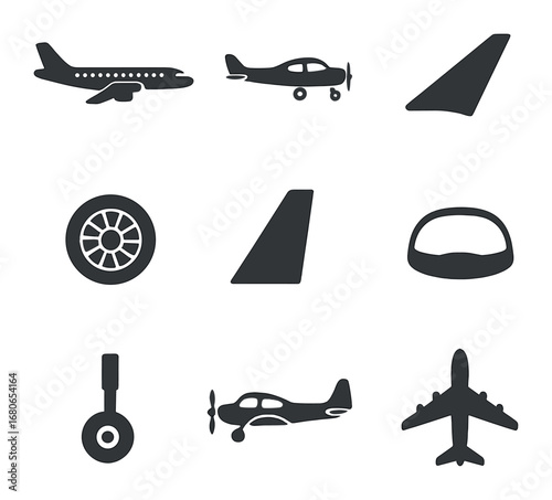 Airplane Icon Set. Flat icon set of airplane types and parts: commercial jet, private plane, wing, jet engine,