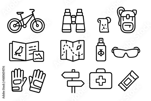 Cycling Essentials Icons. Outline icon set of cycling in nature: mountain bike, binoculars, backpack,