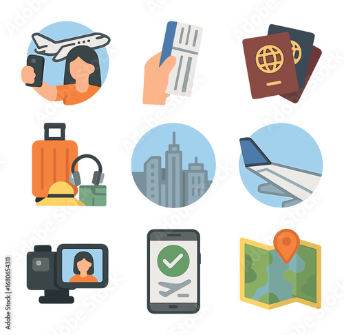 Travel Influencer Icon Set. Flat icon set of travel influencer kit: selfie with plane, boarding pass shot,