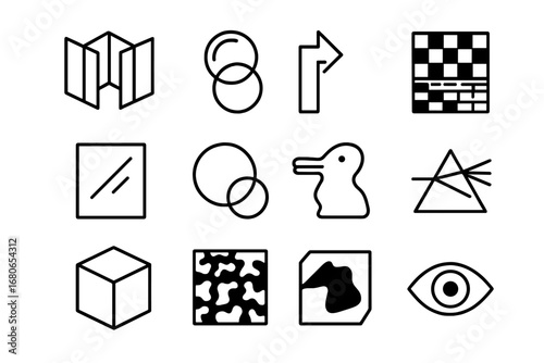 Optical Illusions Grid. Outline icon set of optical illusion in invisibility: mirror maze, hidden object,