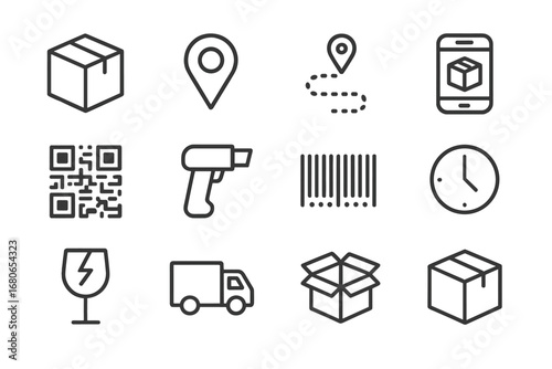 Package Tracking Icons. Outline icon set of package tracking: parcel box, location pin, dotted route, mobile