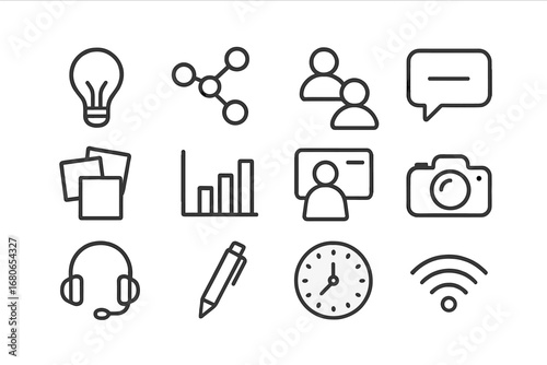 Virtual Workshop Icons. Outline icon set of virtual collaboration workshops: lightbulb, mind map, participant
