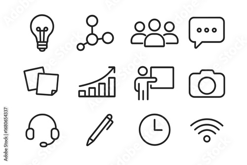 Virtual Workshop Icons. Outline icon set of virtual collaboration workshops: lightbulb, mind map, participant