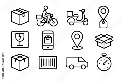 Last-Mile Delivery Icons. Outline icon set of last-mile delivery: parcel box, courier bike, scooter, address