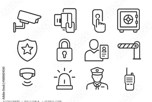 Hotel Security Icons. Outline icon set of hotel security: CCTV camera, key card, access control, safe deposit