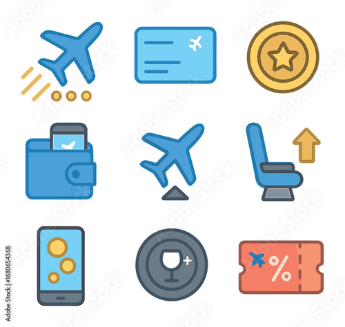 Airline Loyalty Icons. Flat icon set of airline loyalty program: reward miles, frequent flyer card, gold