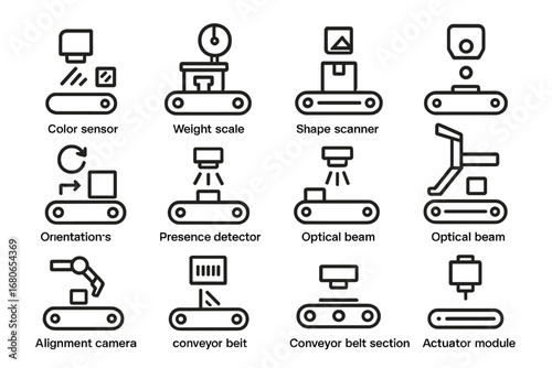 Sorting System Icons. Outline icon set of sorting system sensors: color sensor, weight scale, shape scanner,