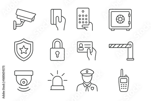 Hotel Security Icons. Outline icon set of hotel security: CCTV camera, key card, access control, safe deposit
