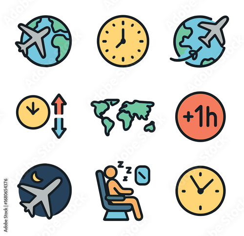 Travel Time Zone Icons. Flat icon set of travel time zones: flight across globe, timezone clock, destination