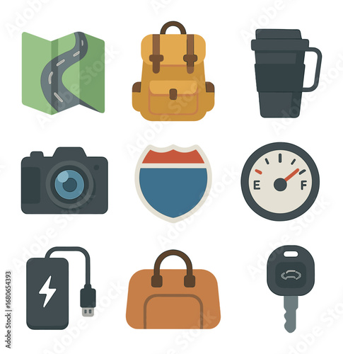 Road Trip Essentials. Flat icon set of road trip essentials: road map, backpack, travel mug, camera, highway