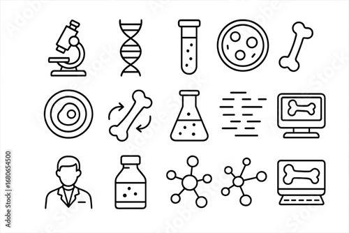 Bone Research Icons. Outline icon set of bone regeneration research: microscope, DNA strand, test tube, petri