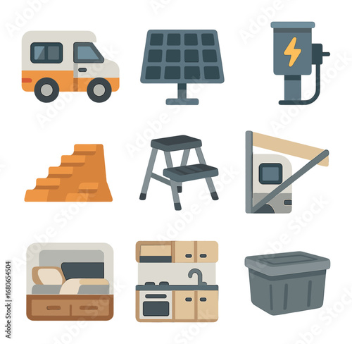 RV Icon Set. Flat icon set of RV life: camper van, solar panel, power hookup, leveling blocks, foldable steps,