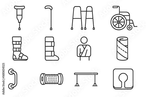 Assistive Devices Icons. Outline icon set of assistive devices after bone injury: crutch, cane, walker,
