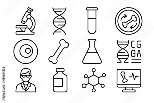 Bone Research Icons. Outline icon set of bone regeneration research: microscope, DNA strand, test tube, petri