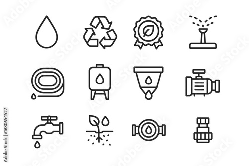 Water Conservation Icons. Outline icon set of water conservation awareness: water droplet icon, recycling