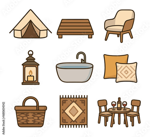 Glamping Essentials Icons. Flat icon set of glamping elements: luxury tent, wooden deck, comfy chair,