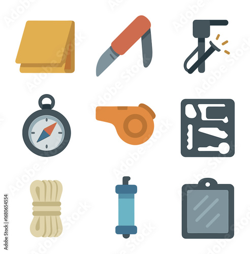 Wilderness Survival Icons. Flat icon set of wilderness survival: emergency blanket, pocket knife, flint