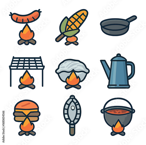 Campfire Cooking Icons. Flat icon set of campfire cooking: hot dog stick, grilled corn, cast iron skillet,