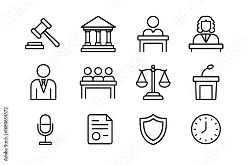Courtroom Icons Grid. Outline icon set of courtroom teamwork: gavel, courthouse, witness stand, judge, lawyer,