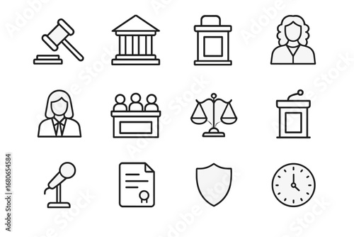 Courtroom Icons Grid. Outline icon set of courtroom teamwork: gavel, courthouse, witness stand, judge, lawyer,