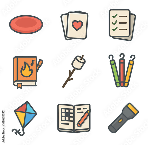 Camp Game Icons. Flat icon set of camp games and fun: frisbee, cards deck, scavenger list, campfire songbook,