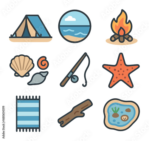 Coastal Camping Icons. Flat icon set of coastal camping: beach tent, ocean view, campfire on sand, seashells,