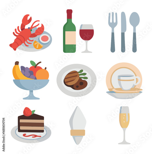 Luxury Cruise Dining Icons. Flat icon set of luxury cruise dining: seafood platter, wine bottle, silverware