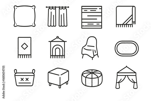 Textile Icon Collection. Outline icon set of textile-based home décor: cushion, curtain, rug, throw blanket,