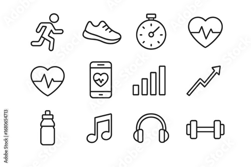 Cardio Workout Icons. Outline icon set of cardio workout apps: running figure, shoe, stopwatch, heart rate,