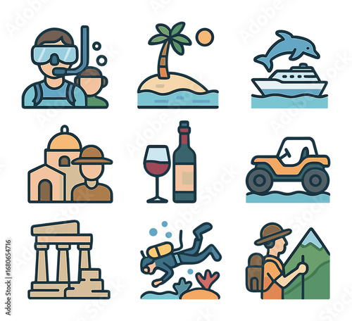 Luxury Cruise Excursion Icons. Flat icon set of high-end cruise excursions: guided snorkeling, private island,