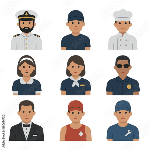Yacht Crew Icons. Flat icon set of private yacht staff: captain, deckhand, chef, housekeeper, hostess,