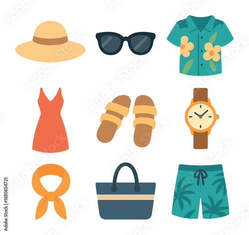 Cruise Fashion Icons. Flat icon set of cruise fashion items: wide-brim hat, designer sunglasses, floral shirt,