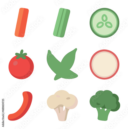 Colorful Veggie Icons. Flat icon set of crunchy raw veggies: carrot stick, celery stick, cucumber round,