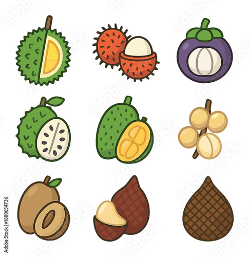 Exotic Fruit Icons. Flat icon set of regional fruits: durian, rambutan, mangosteen, soursop, jackfruit,