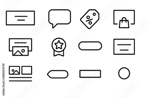 Advertising Icons Grid. Outline icon set of advertising layouts: banner ad, callout bubble, discount tag,