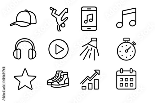 Hip Hop Dance Icons. Outline icon set of hip hop dance apps: cap, dancer silhouette, smartphone, music note,