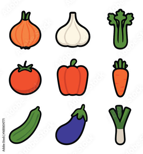 Vegetable Icon Grid. Flat icon set of cooking vegetables: onion, garlic, celery, tomato, bell pepper, carrot,